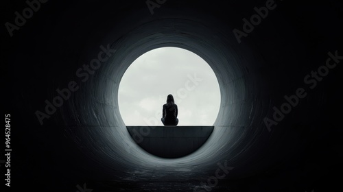 Silhouette of a Person Sitting in a Circular Tunnel with a View of the Sky