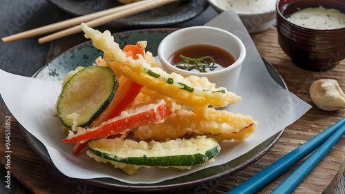 A serving of crispy vegetable tempura with dipping sauce, including lightly battered zucchini, sweet potatoes, and bell peppers, presented on a parchment-lined plate. 