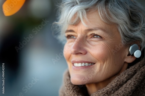 Portrait of a woman with hearing aids smiling, portrait photograpy, with copy space