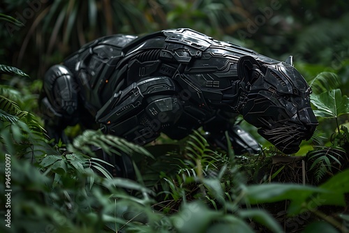 A glossy black robotic panther prowling stealthily through the dense underbrush of a jungle