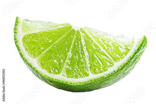 Close-up of a vibrant green lime wedge, isolated on a transparent background. Perfect for culinary, cocktail, and freshness-themed images.