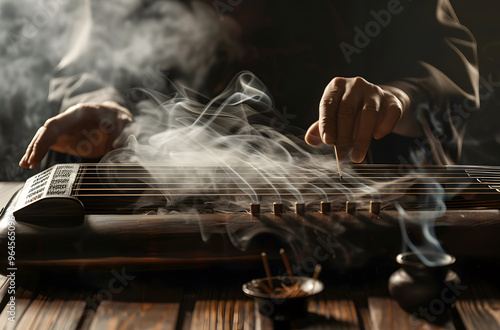 Close-up of hands playing guzheng in smoke