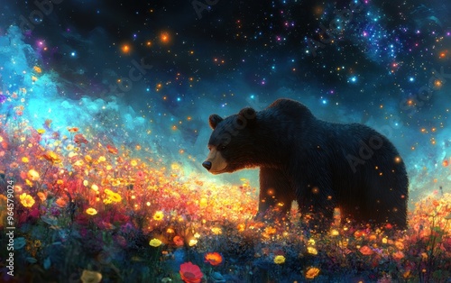 Celestial Bear: Majestic Ursine Creature Blending with Starry Skies in Enchanted Flower Field