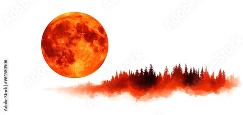 Harvest moon clipart, full moon visible, fall element, watercolor illustration, sharp lines, full orange moon, isolated on white background