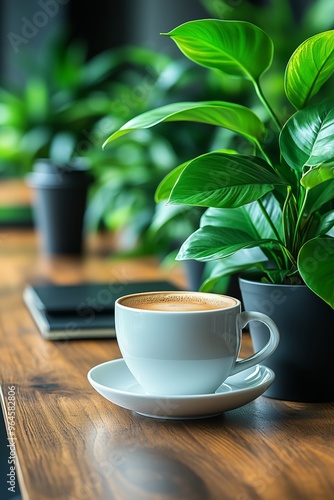 A white coffee cup with coffee, surrounded by lush green plants on a wooden table.