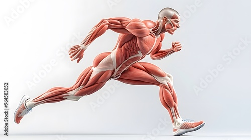 Muscular System Highlighted in Motion: A dynamic illustration of the muscular system during a running motion, focusing on the leg muscles as they contract and extend. 