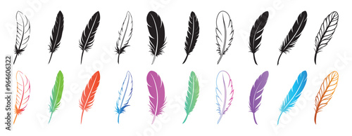 Vector feather set in various colors and black silhouette.