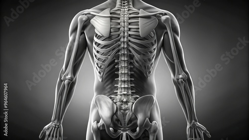 Anatomical representation of sacrum and coccyx detailed low back skeletal anatomy mood scientific style technical gray scale concept body structure