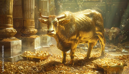 Image of a golden bull in a treasury of gold, religious veneration of a golden calf