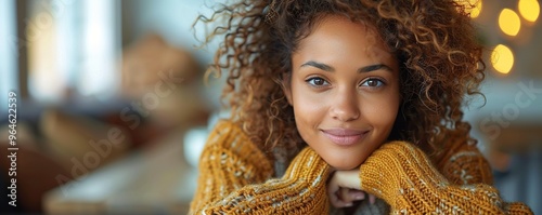 A woman sitting at a cafe table, sipping coffee with a serene smile, enjoying a peaceful moment of contentment against a plain white background.