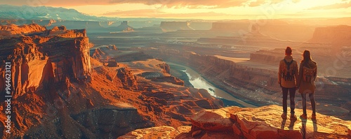 A couple with adventurous spirits, standing on the edge of a cliff overlooking a vast canyon with rugged rock formations and a river winding through the valley against a white backdrop.