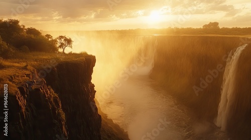 The Zambezi River flowing over the edge of Victoria Falls, with the water thundering into the gorge below.