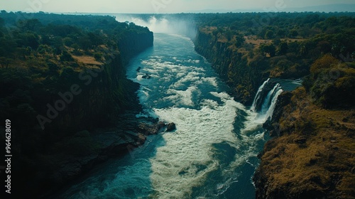 The Zambezi River flowing over the edge of Victoria Falls, with the water thundering into the gorge below.