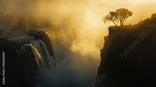 The Zambezi River flowing over the edge of Victoria Falls, with the water thundering into the gorge below and mist rising.