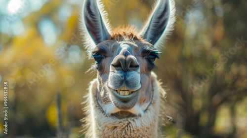 Medium close-up of a llama with a goofy grin, showing its teeth in a funny and endearing way.