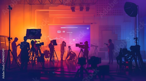 commercial video film movie making lighting set professional studio production big working people silhouette scenes behind television camera motion picture equipment crew photo light