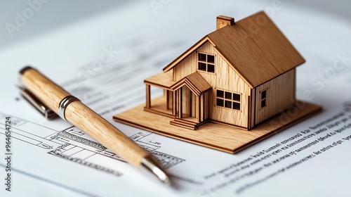 Wooden house model atop a legal document, representing property contracts, mortgages, and home buying