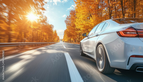 White car driving fast on a road with autumn colors