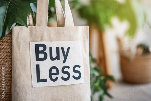 Cotton tote bag with "Buy Less" text, symbolizing sustainable lifestyle and eco-friendly choices