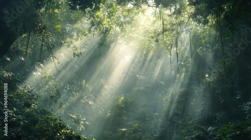 Serene, misty rainforest with beams of sunlight filtering through the dense canopy and vines hanging from the trees