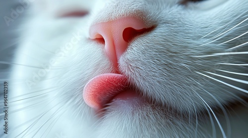 white cat's face, featuring its soft fur, pink nose, and the tip of its tongue sticking out, creating an adorable and playful scene.