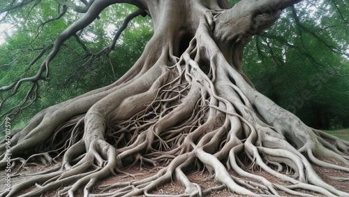 Roots of an Old Tree: Exposed roots of a massive tree, showing the complexity and strength of nature