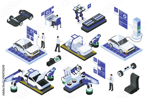 Electric vehicles production 3d isometric mega set in isometry graphic design. Collection elements of robotic arm processing car, assembly lines, wheels, chair, engineers, other. Vector illustration.