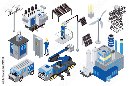 Electricity 3d isometric mega set in isometry graphic design. Collection elements of power line, transformer station, solar panels, wind turbine, electricians, fitters, other. Vector illustration.