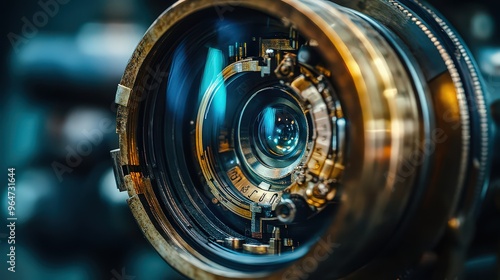 Captivating close-up of a high-tech camera lens with visible metal components and detailed internal gears, showcasing the complexity and precision of modern optics technology.