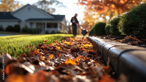  Fallen autumn leaves scattered along a curb, with a gardener cleaning them, capturing the beauty of seasonal change and outdoor care.