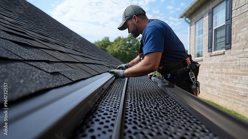  Workers installing seamless gutters on a newly renovated home, showcasing the sleek and modern appearance of the new gutter system, enhancing the home's functionality and design.