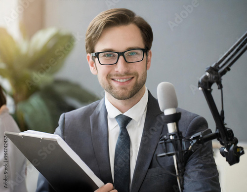 Uśmiechnięty mężczyzna w garniturze prowadzący podcast