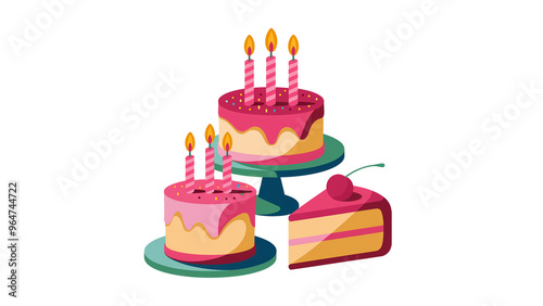 An illustration of two pink frosted cakes with lit candles and a slice of cake with a cherry on top, representing a fun and festive celebration.