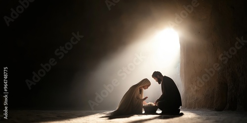 Mary and Joseph are by the manger in the stable caring for the infant Jesus 