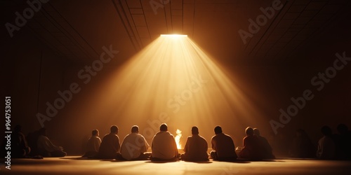 The Apostles are seated in a circle, looking upwards as flames of the Holy Spirit rest above them. 