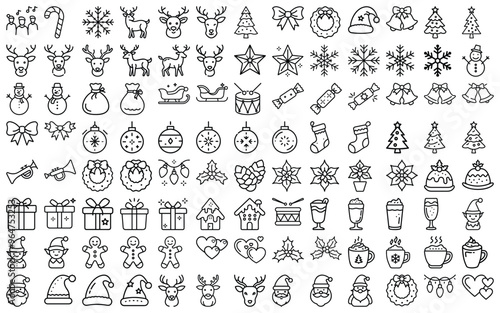 Christmas icons collection, black and white line art, vector illustration, festive holiday design. Christmas, New Year holidays big set icon. Line style collection. 