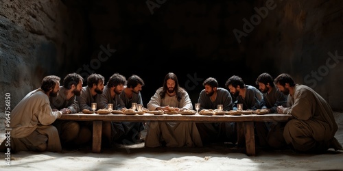 Jesus is sharing bread and wine with his disciples during the Last Supper