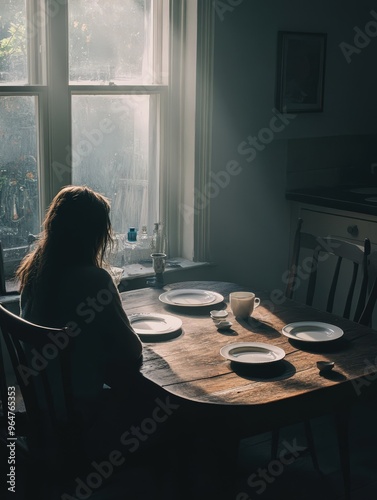 A person sits alone at a dining table, surrounded by empty plates, bathed in soft light from a nearby window.