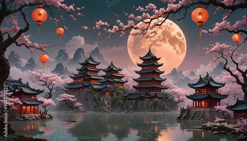 A calm moonlit lake with traditional pagodas on the shore, surrounded by cherry blossoms and mountains in the background, creating a peaceful, scenic panorama.