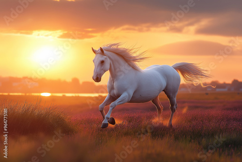 a beautiful white horse runs galloping across a purple heather meadow at sunset, wallpaper, generative AI