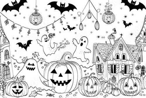 Coloring book illustration of a festive Halloween celebration featuring whimsical decorations cheerful pumpkins playful bats and friendly ghosts