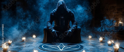 The figure wears a hood and performs a sacred mystical ceremony surrounded by glowing crystals and flickering candles swirling incense and ancient arcane symbols. Ethereal lighting creates a moody