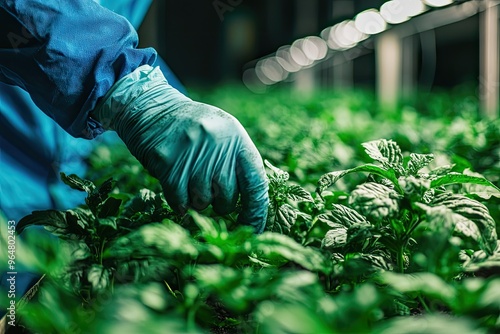 A gloved hand gently caresses vibrant green leaves, a testament to the meticulous care of modern indoor farming.