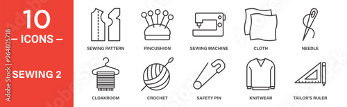 Sewing icon set. Sewing pattern, pincushion, sewing machine, cloth, needle, icons. Outlined icon collection. Vector illustration.