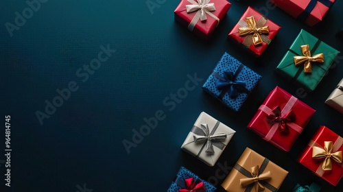 Colorful gift boxes with bows on a blue background. Gift boxes and boxing Day Concept.