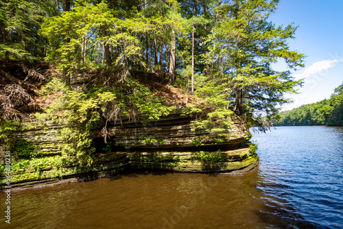 The Cambrian sandstone bluffs along the Wisconsin River in the Wisconsin Dells.