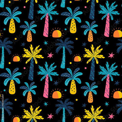 Tropical pattern with palm trees and suns.