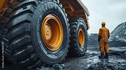 A close-up view of the enormous tires of a giant mining truck, showing the heavy tread and size comparison with a worker standing nearby. 