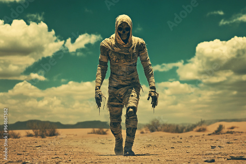 Mummy with Bandages Falling Off, Walking Through a Desert