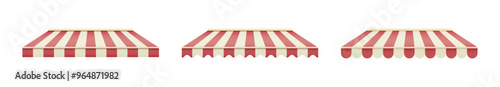 Striped awning for cafe. Striped shop canopy. Store or cafe sunshade awning.